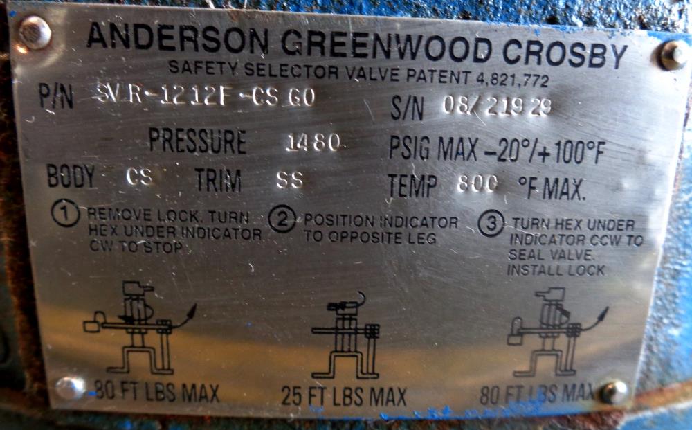 ANDERSON GREENWOOD CROSBY 3" 600# SAFETY SELECTOR VALVE, PART#: SVR-1212F-CS G0